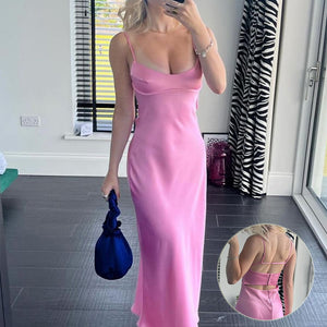 2023 Women Camis Satin Long Dresses Elegant Sleeveless Slip Holiday Party Dresses Sexy Casual Backless Summer Dresses