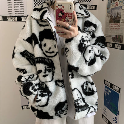 WAKUTA Winter Wool Coat Female Street Wear Chic Cute Funny Print Coats and Jackets Casual Loose Winter Clothes for Women