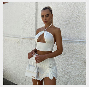 Sexy Crop Top Mini Skirts Two Piece Sets Women Halter Top Tees Summer Rave Matching Set Fashion Outfits Sleeveless Women's Set