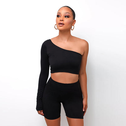 Kliou Solid Asymmetrical Two Piece Sets Women Tracksuit Crop Tops Elastic Bike Shorts Sporty Matching Suits Casual Female Outfit
