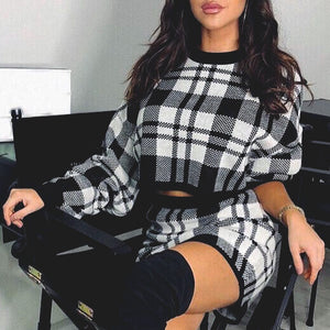 Women's Tracksuit Elegant Office Two Piece Set Plaid Sweater Outfit Long Sleeve Crop Top And Skirt Sets Sexy Fashion Dress Set