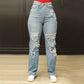 Women's Washed High Waist Straight Ripped Jeans