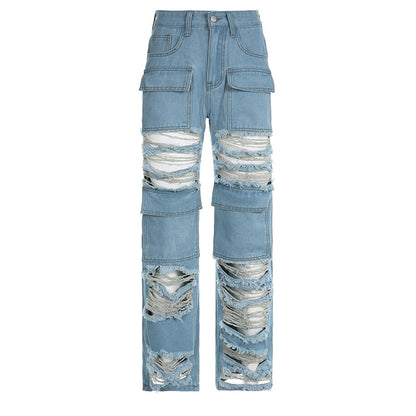 Women's High Waist Zipper Straight Ripped Jeans